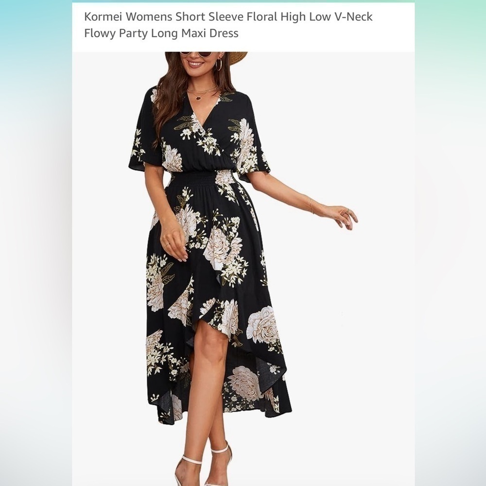 Navy/ floral pink, green v neck flowy high low summer/spring dress plus 2X